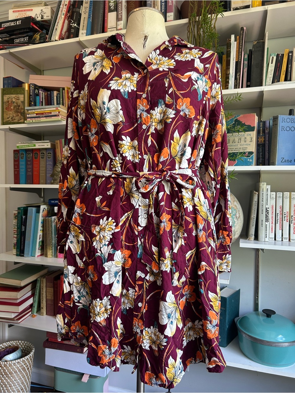 St. John's Bay Burgundy Floral Long-Sleeve Shirt Dress with Tie Belt
